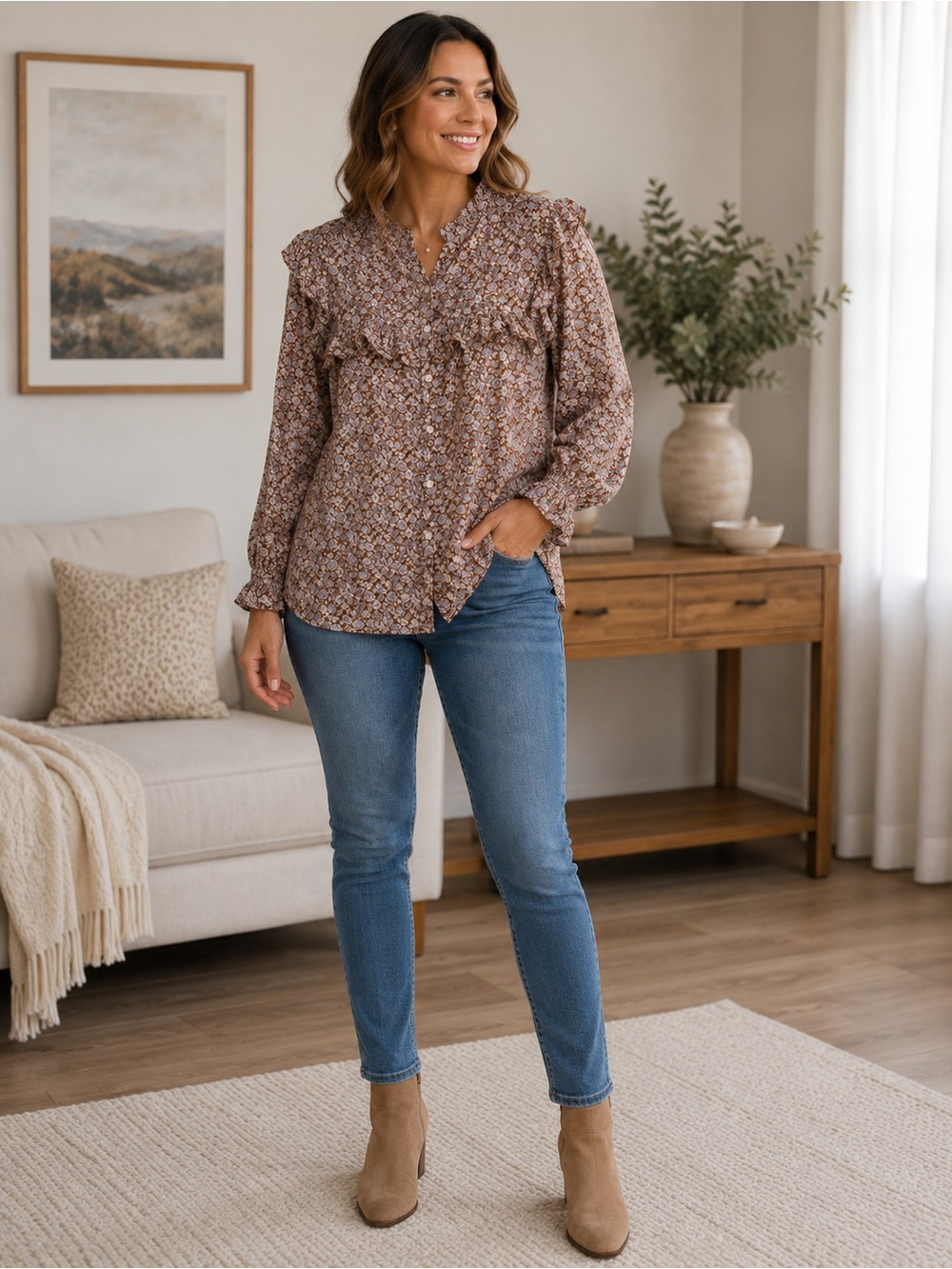 GAP Floral Ruffle V-Neck Blouse in Brown
